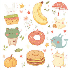 A collection of cute, hand-drawn style illustrations featuring anthropomorphic food and animal characters. Includes a smiling banana, a cheerful mushroom with a tiny face, a sleepy moon hugging a star