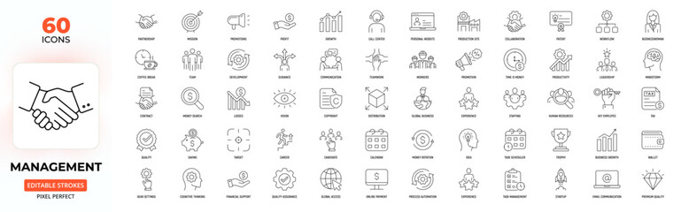 Management Line Icons – Leadership, Workflow, Profit, Communication, Editable Stroke.