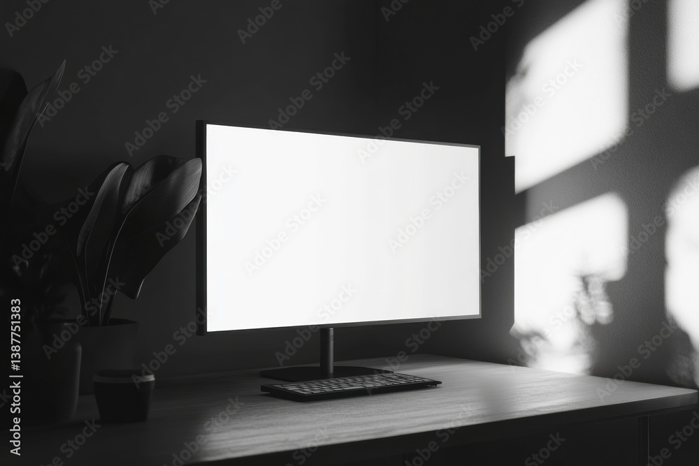 Fototapete Sleek desktop monitor on minimalistic workspace with bright white screen and soft shadows highlighting a clean professional environment
