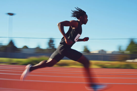 Young male athlete running fast on athletics track during competition, showing determination and speed