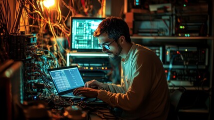 Focused programmer working late on laptop in cluttered server room.