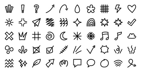 Doodle Icons Set with Stars and Arrows in Black and White. Perfect for UI Design, Stickers, or Simple Line Art Projects