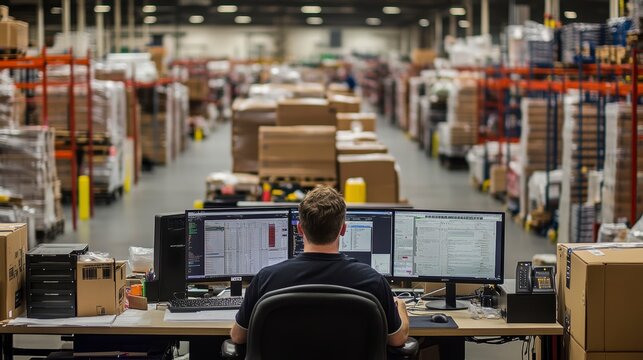 Warehouse worker at desk monitors inventory using dual computer screens.