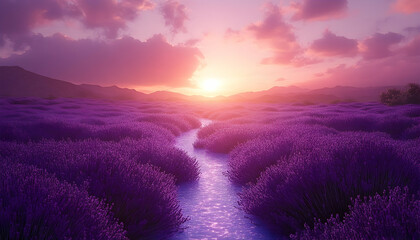 Fototapeta premium Purple field sunrise river landscape