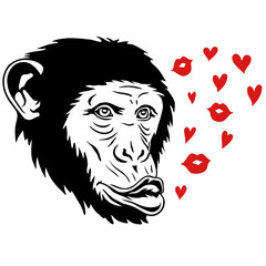 Funny chimpanzee face sending red kisses and hearts. Cartoon vector