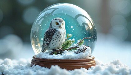 Snowy owl perched on a pine branch inside a magical snowglobe diorama, enchanting winter world. Concept of wonder and holiday magic. Magical concept of Christmas and New Year holidays.