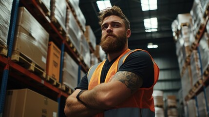 Obraz premium Portrait of a young male warehouse worker in a high-visibility vest, standing in front of a large storage facility filled with boxes and pallets.