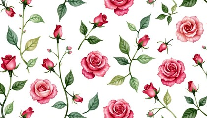 Naklejka premium Delicate watercolor rose buds, leaves, & vines seamless repeat, rose, leaves