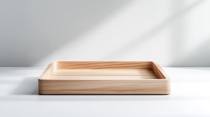 A light-colored wooden tray sits on a white surface. The tray is square with raised edges. Soft light casts shadows, enhancing its simple design. The image is high-quality, showcasing the wood grai