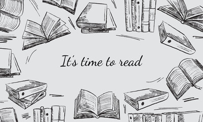 Border frame logo for books store, library on grey background in brush stroke texture. Hand drawn vector sketch illustration in vintage charcoal ink style. Opened books, school, studying
