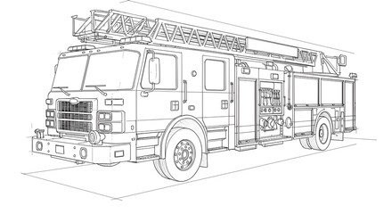 Detailed Line Drawing of a Generic Fire Truck with Ladder