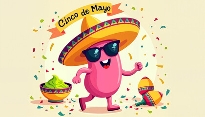 Vibrant pink sombrero character dancing joyfully with sunglasses and maracas, surrounded by festive confetti and guacamole, Cinco de Mayo celebration.