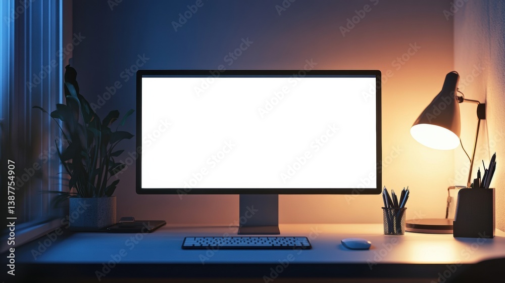 Leinwandbilder minimalistic workspace featuring a modern desktop monitor with a bright screen and soft lighting in 