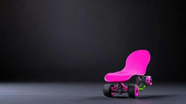 A pink electric skateboard sits on a dark gray floor. Its unique, sculpted deck contrasts with the dark background. The image is high-quality, with even lighting and a shallow depth of field. Its cle