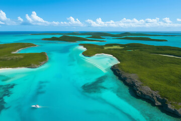 Two motorboats gliding through the crystal clear waters, capturing an aerial view of this tropical paradise
