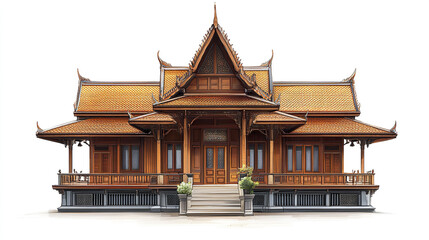 Naklejka premium Traditional Thai house with ornate roof and wooden structure