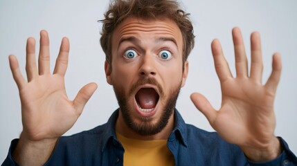 Shocked man showing palms and opening mouth in surprise