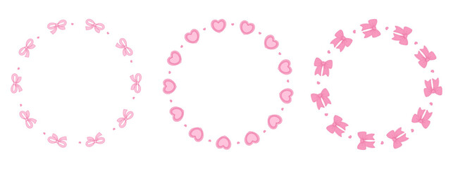 Coquette Pink Ribbon Bow and Heart Circle Frame set. Vintage isolated Elegant round border with copy space. Romantic Girly Vibe. Vector illustration for design, wedding, invitation, card