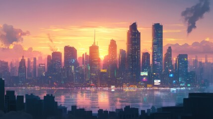 Futuristic metropolis reflecting the hues of a serene twilight cityscape panorama