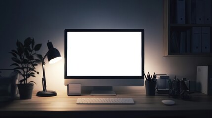 Minimalistic workspace with sleek desktop monitor and bright white screen under soft ambient lighting