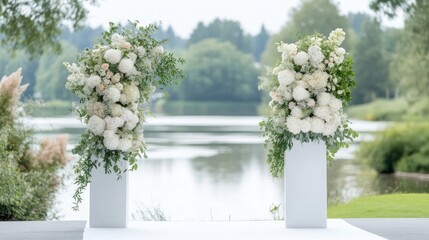 Elegant wedding ceremony floral arrangements by a lake. Lush white and pastel flowers in tall, light gray pedestals create a stunning backdrop