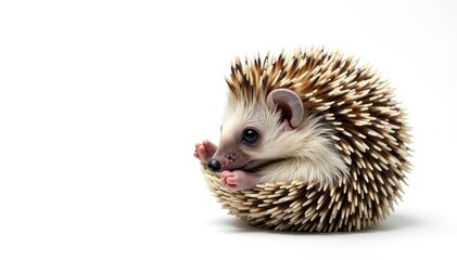 Fototapeta premium Tiny hedgehog curled in a ball, isolated on pure white background, wildlife photography, pattern