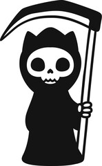 Cute cat death character with scythe. Simple black and white drawing. Cartoon Grim Reaper with kitty skull, isolated vector clipart illustration.