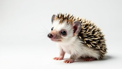Naklejka premium Tiny hedgehog posed against pure white background, spines, night
