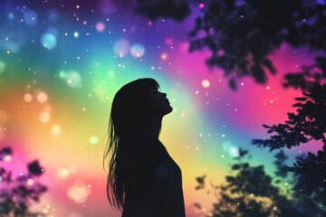 A silhouetted person looking up at a vibrant colorful background scene
