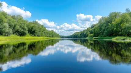 A serene river reflects a vibrant, lush green forest under a bright blue sky dotted with fluffy white clouds. The image is well-composed, showcasing the mirror-like reflection. High resolution and na