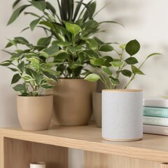 Obraz premium A brown and white pot with a plant in it sits on a shelf next to a book