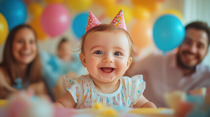 a baby celebrating their first birthday with a colorful party setup and joyful parents