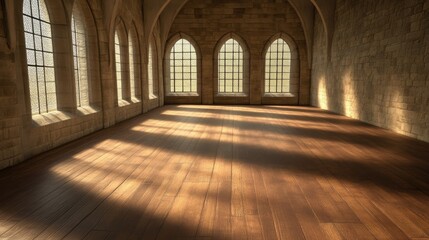 Empty historical hall with sunlight streaming through arched windows