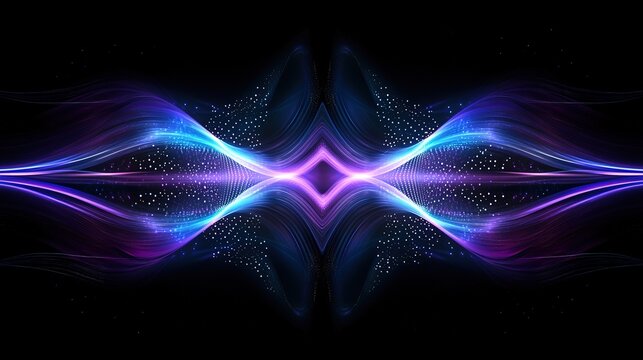 Symmetrical blue and purple light waves glowing with geometric precision on black background, modern abstract digital art concept for technology branding, music album covers, futuristic motion graphic
