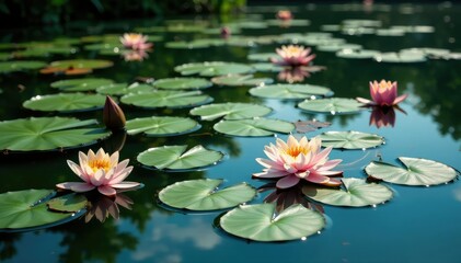 Water lilies forming a natural floral pattern across a still lake, image, waterlily