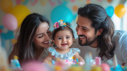 a baby celebrating their first birthday with a colorful party setup and joyful parents