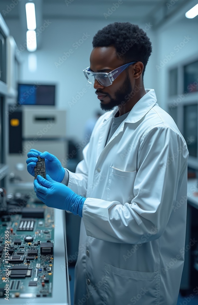 Aufkleber african-american scientist examines microchip in high-tech lab. technician wearing protective glasse