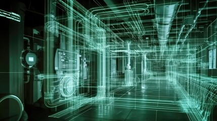 Obraz premium AR overlay projected onto floor plan of building showing cable and piping layout