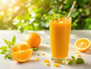 A glass of orange juice with a straw in it