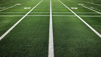 Obraz premium A bird's-eye view of an empty football field with sharp white lines contrasting against the vibrant green turf