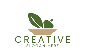 Green Leaf and Fruit Bowl Logo Design Template eco food icon cafe diet dish     