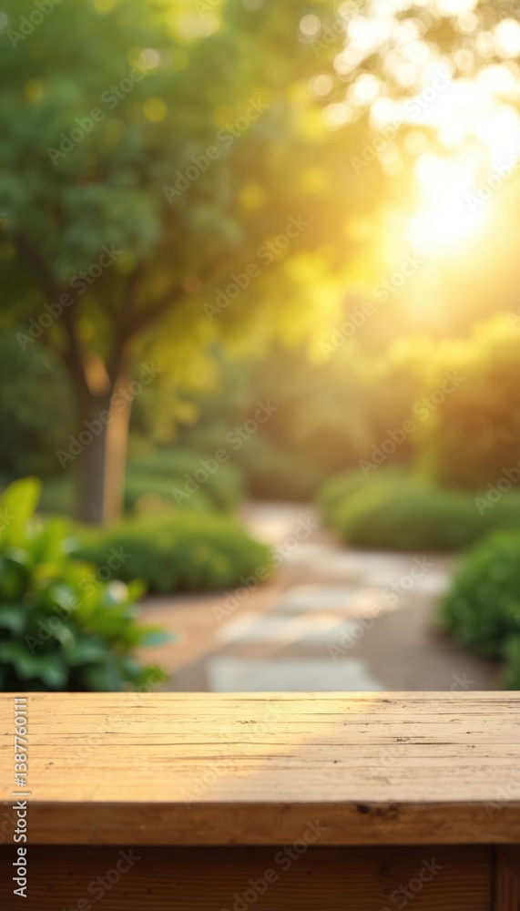Poster wooden product placement table with sunny garden background. empty wood tabletop for display showcas