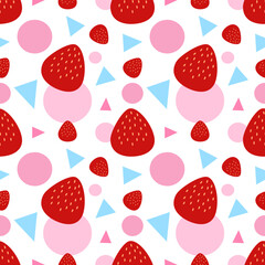 Hand drawn strawberry with pastel geometric shape, seamless pattern.