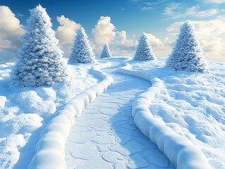 Snowy path through winter trees