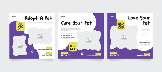 Set of pet care promotion Instagram banner.  Social media template pack. Pet adoption social media post template. Pet shop social media carousel template. 