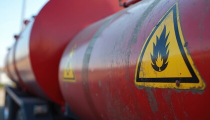 Fototapeta premium Tank truck with high temperature liquid hazard and flammable materials warning labels. Dangerous goods transportation on roads. Red tanker with yellow hazard signs for fuel chemical products.