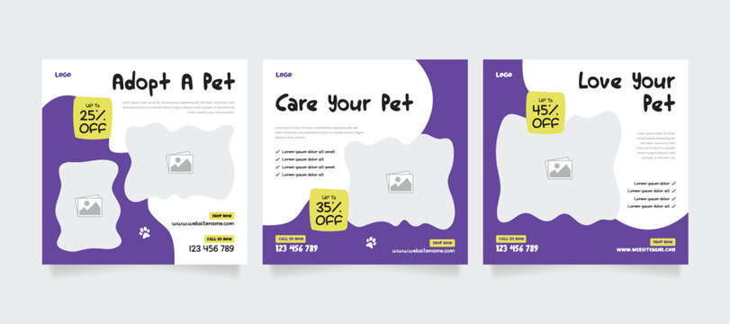 Set of pet care promotion Instagram banner.  Social media template pack. Pet adoption social media post template. Pet shop social media carousel template. 