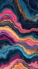Colorful abstract pattern resembling agate with blues, pinks, oranges, and gold lines