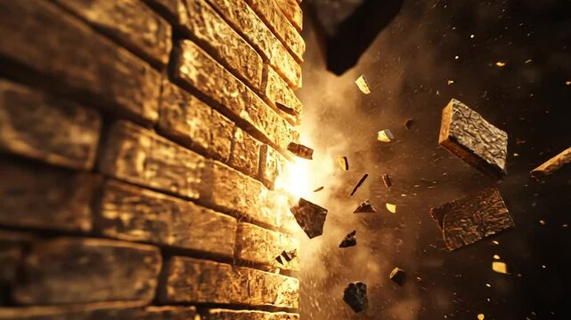 Dramatic Brick Wall Explosion with Slow Motion Debris and Dynamic Light Effects