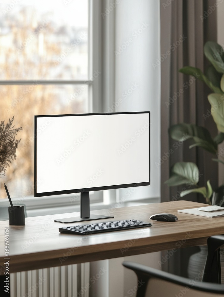 Poster sleek desktop monitor on minimalistic workspace with bright screen and soft shadows in a clean profe